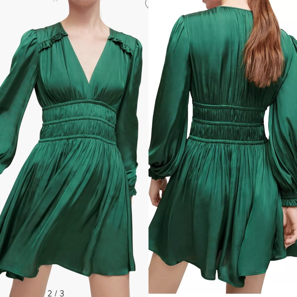 Maje Emerald Green V-Neck Pleated Mini Dress - Picture 3 of 12